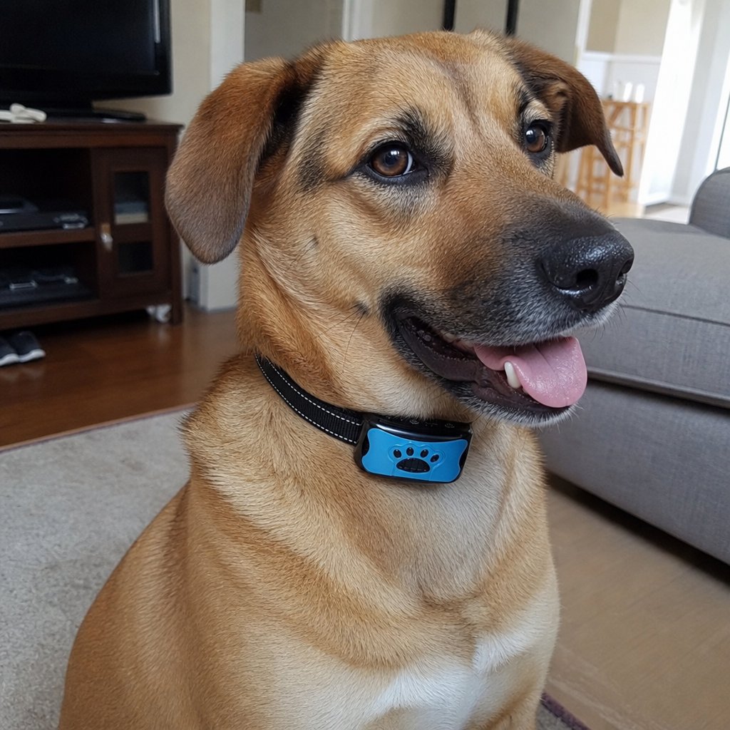 Nahaufnahme des Anti-Bell Halsbands am Hund mit Pfotenmotiv
