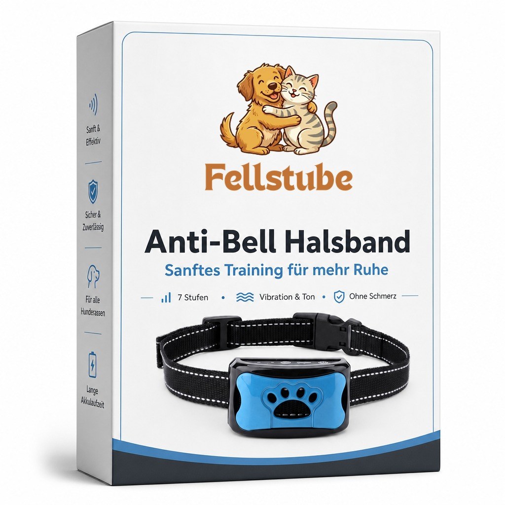 Verpackung des Anti-Bell Halsbands von Fellstube mit Prüfsiegel 1,3 Sehr gut