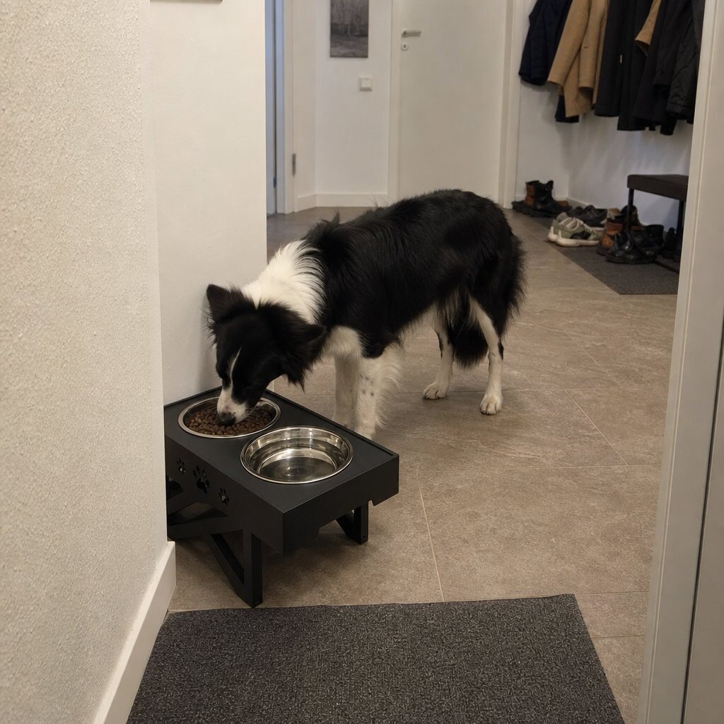 erhöhter futternapf Border Collie frisst am erhöhten Futternapf im Flur