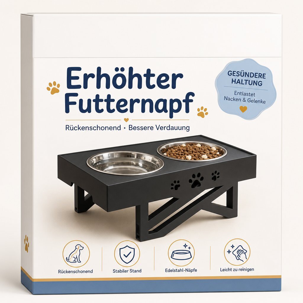 Erhöhter Futternapf Verpackung mit Edelstahl-Näpfen