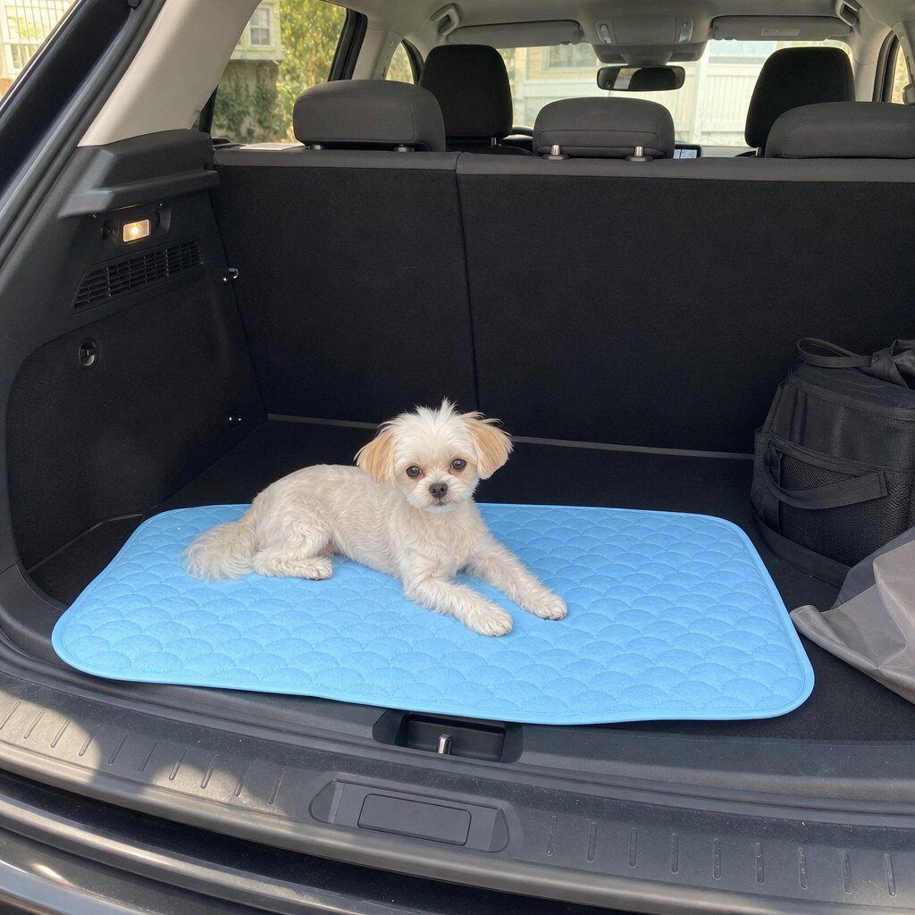 kühlmatte für hunde premium Kleiner Hund auf der Kühlmatte im Kofferraum beim Sommerausflug