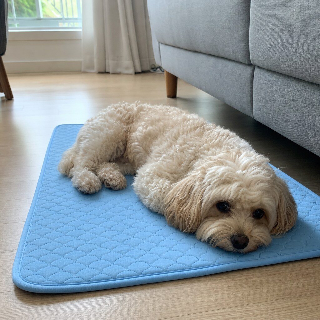 kühlmatte für hunde premium Maltipoo liegt entspannt auf der Kühlmatte im Wohnzimmer