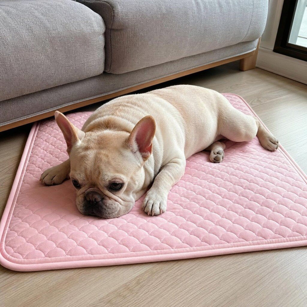 kühlmatte für hunde premium Französische Bulldogge auf pinker Kühlmatte im Wohnzimmer