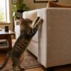 Katze kratzt an mit transparenter Schutzfolie geschützter Sofa-Ecke