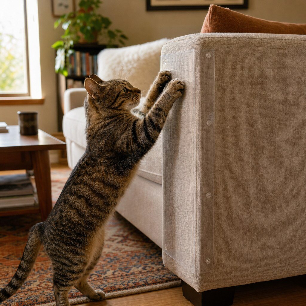 Katze kratzt an mit transparenter Schutzfolie geschützter Sofa-Ecke