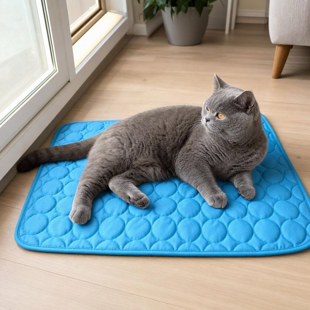 kühlmatte für katzen premium Graue Katze liegt auf blauer Kühlmatte auf Holzboden am Fenster