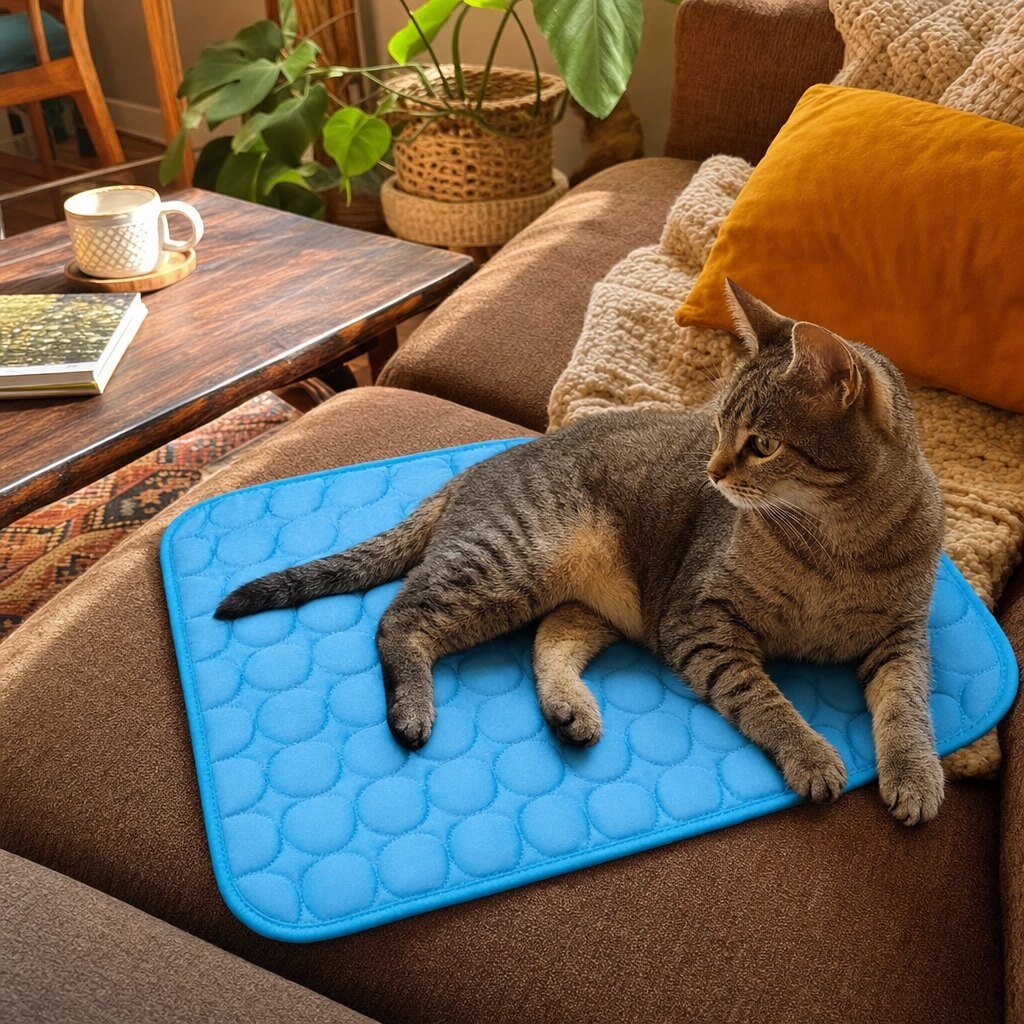 kühlmatte für katzen premium Europäisch Kurzhaar Katze auf blauer Kühlmatte in gemütlichem Wohnzimmer