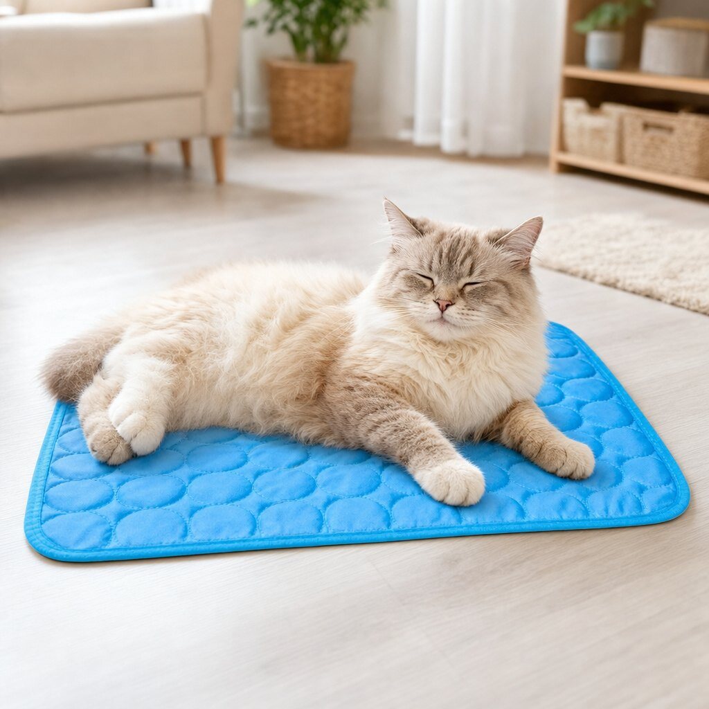 kühlmatte für katzen premium Katze entspannt auf blauer Kühlmatte im Wohnzimmer