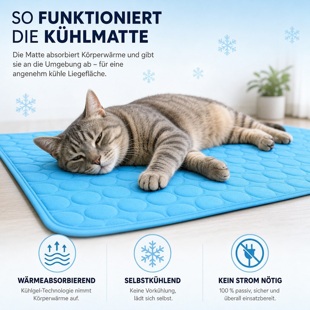 Infografik: So funktioniert die Kühlmatte für Katzen – Katze entspannt auf blauer Kühlmatte