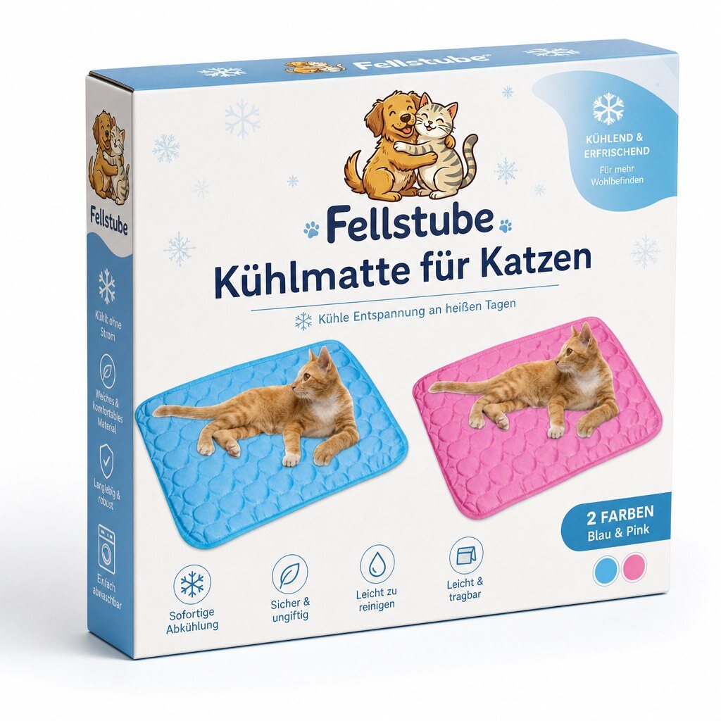 kühlmatte für katzen premium Fellstube Produktverpackung der Kühlmatte für Katzen mit blauer und pinker Matte und Logo