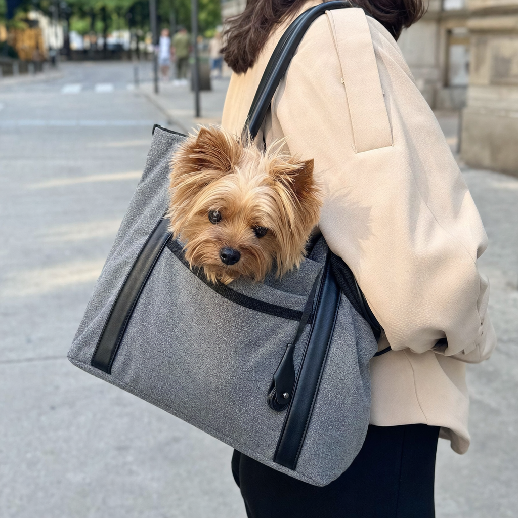 tragetasche für hunde Yorkshire Terrier schaut aus der grauen Hunde-Tragetasche über der Schulter einer Frau in der Stadt