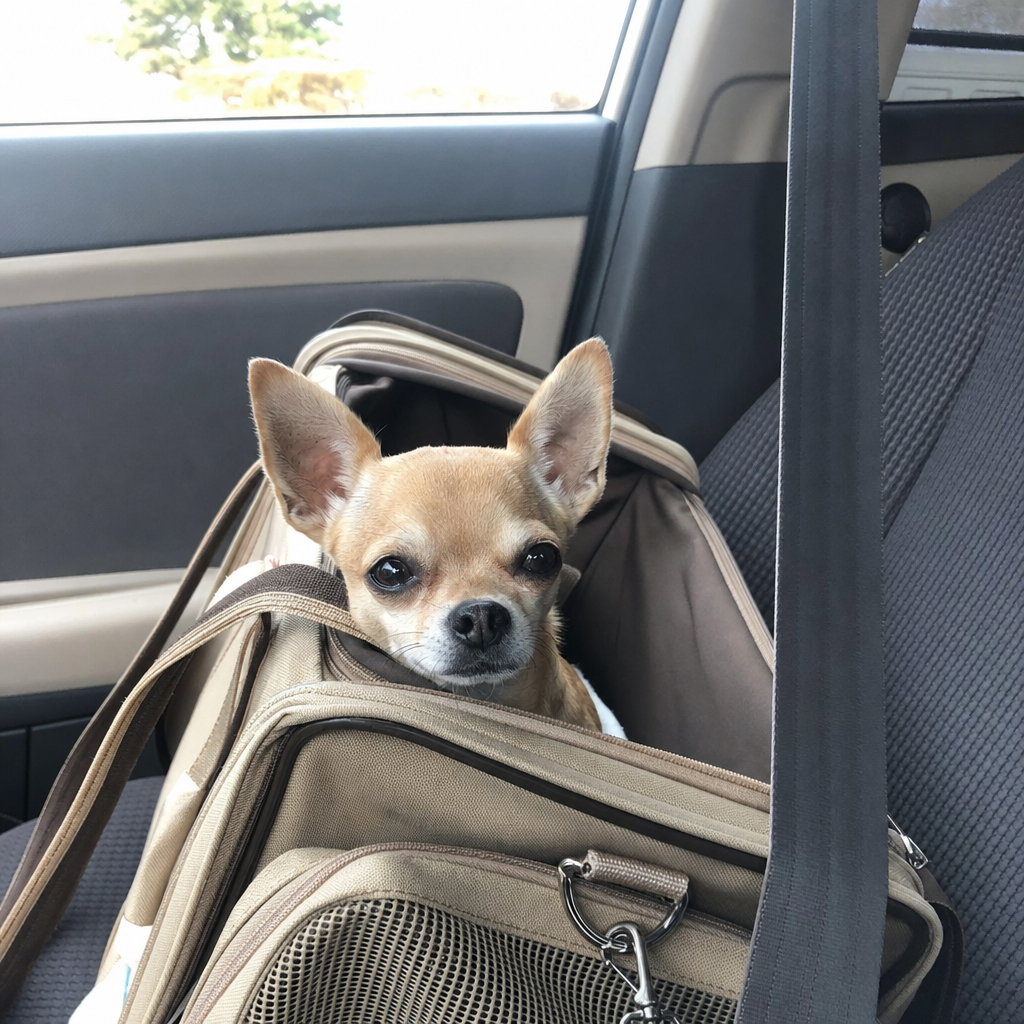 tragetasche für hunde Chihuahua sitzt in der beigen Hunde-Tragetasche auf dem Autositz und schaut hinaus