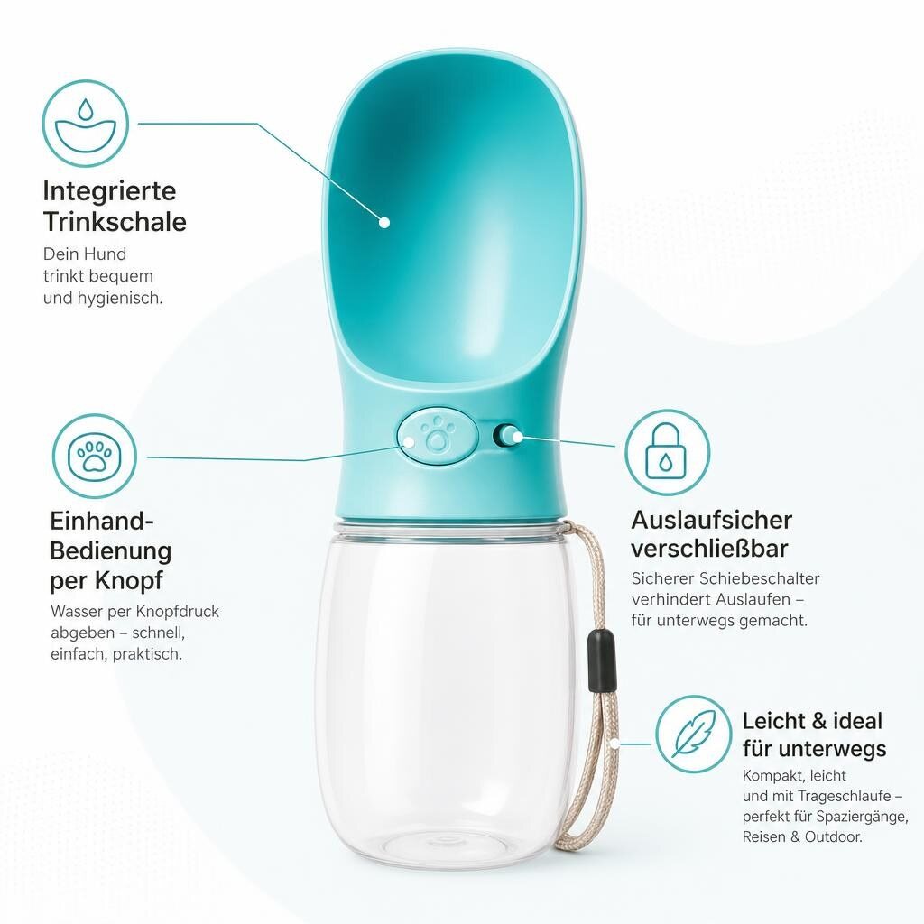 hunde trinkflasche Detailansicht der Hunde Trinkflasche mit integrierter Trinkschale und Knopf