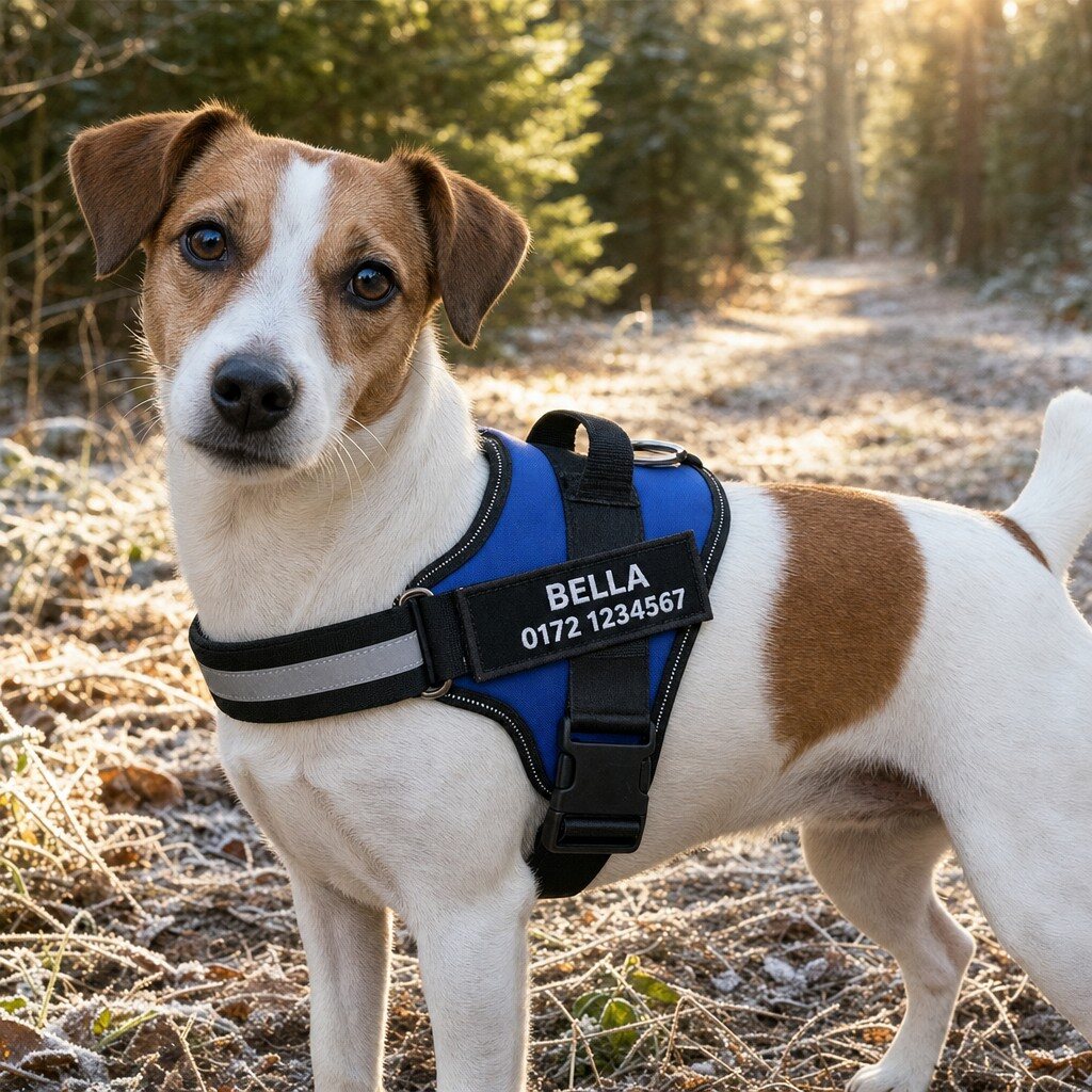 anti zug geschirr blau getragen am hund Personalisiertes Anti-Zug Hundegeschirr
