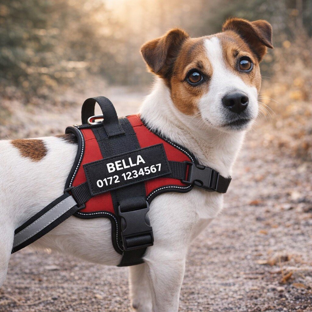 anti zug geschirr rot getragen am hund Personalisiertes Anti-Zug Hundegeschirr – Bild 3