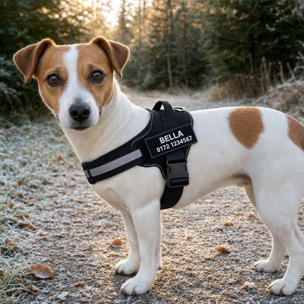anti zug geschirr schwarz getragen am hund Personalisiertes Anti-Zug Hundegeschirr – Bild 5