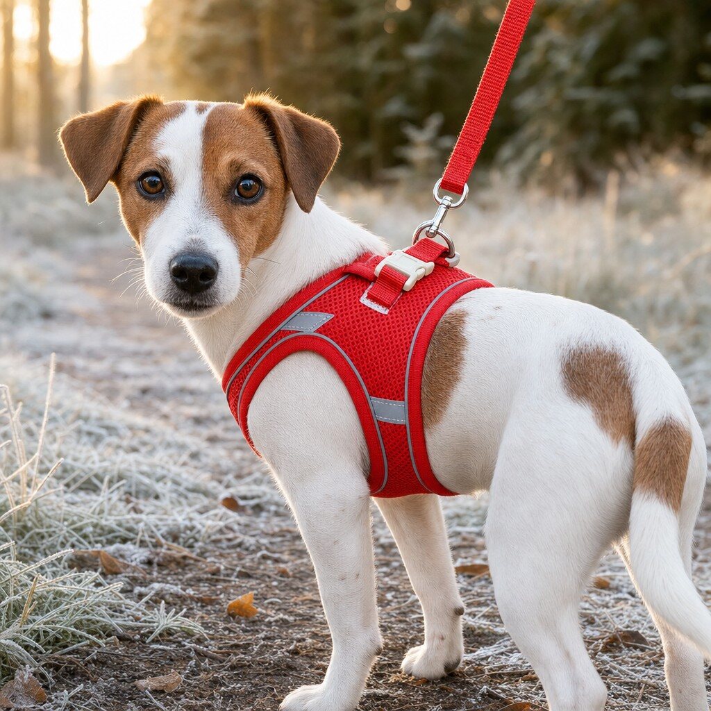welpengeschirr rot getragen am hund Anti-Zug Welpengeschirr – Bild 4