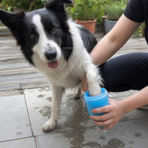 Border Collie Pfotenreinigung im blauen Becher auf der Terrasse