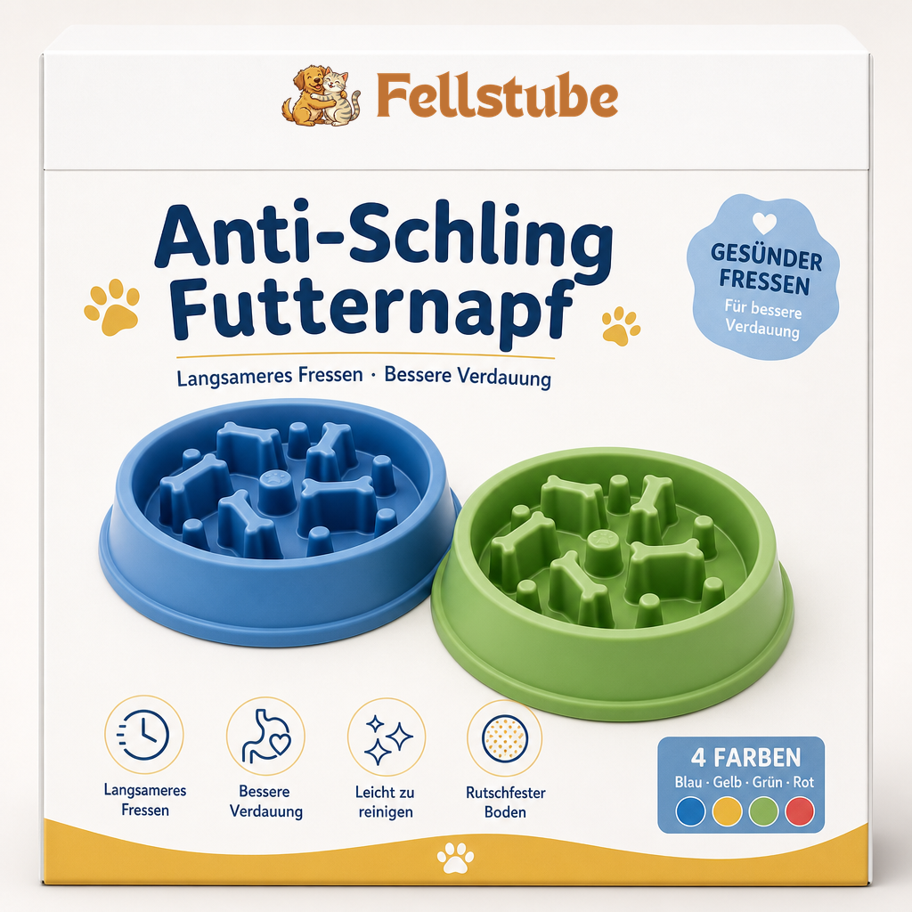 anti schling futternapf Fellstube Anti-Schling Futternapf Verpackung mit Logo, runde Näpfe blau und grün