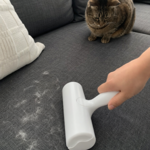 Weißer Tierhaarroller entfernt Katzenhaare vom Sofa