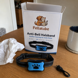 Fellstube Anti-Bell Halsband frisch ausgepackt mit USB-Ladekabel