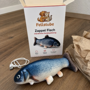 Fellstube Zappel Fisch frisch ausgepackt mit Verpackung und USB-Kabel