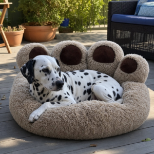 Dalmatiner entspannt im Pfotenbett auf der Terrasse